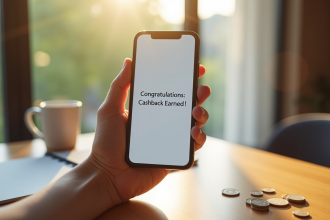 Smartphone avec notification de cashback gagné dans un environnement lumineux