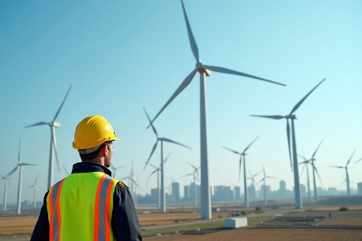Ingénieur en casque jaune inspectant une ferme éolienne TotalEnergies