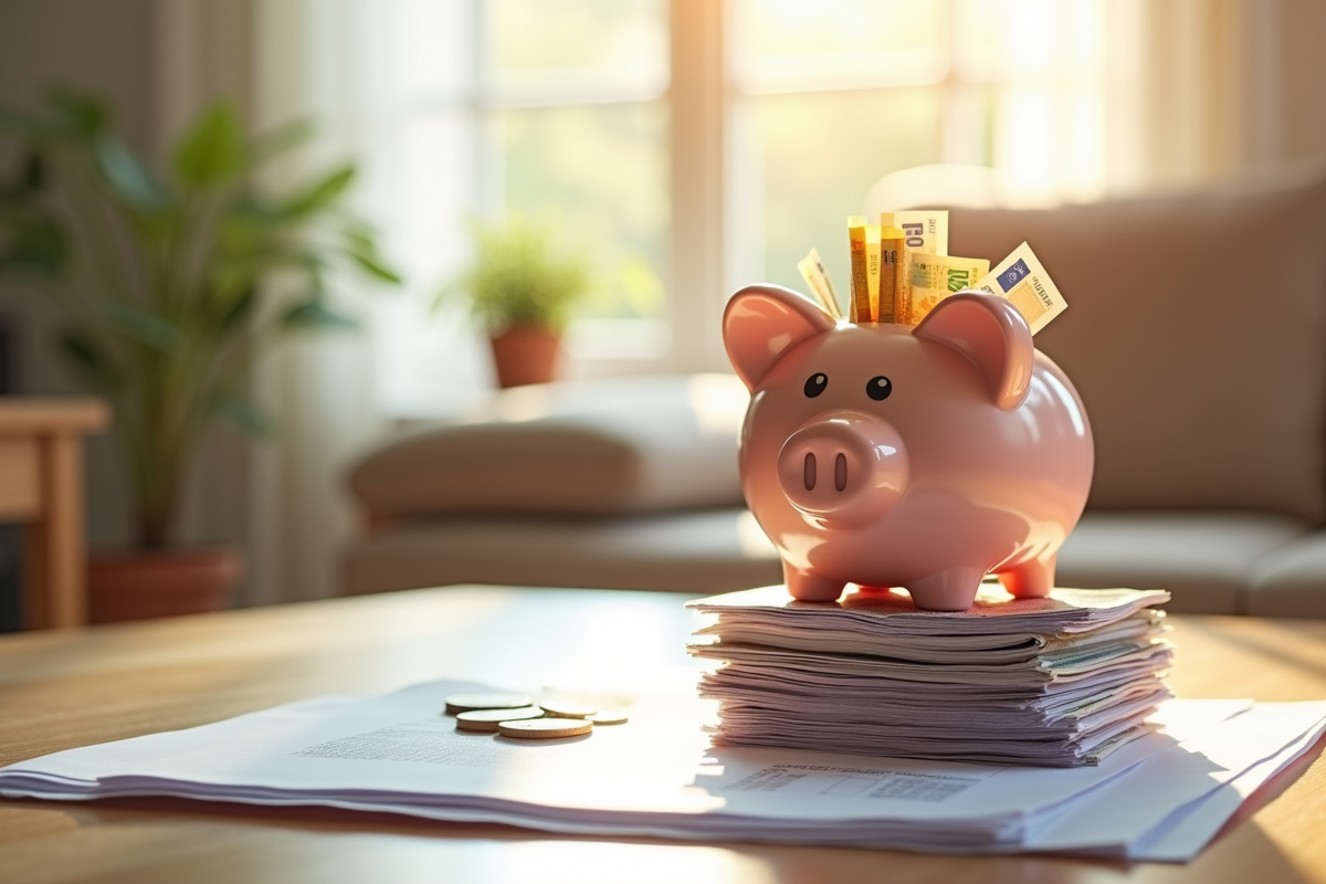 Tirelire en forme de maison avec des billets et pièces d euro sur une table