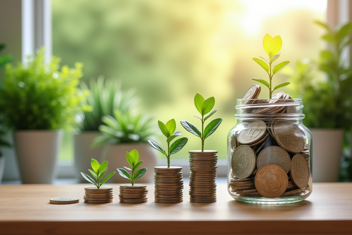 Tirelire avec monnaies et pièces sur un bureau en bois avec plantes vertes