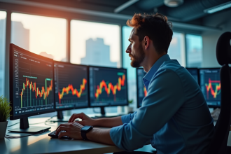 Trader professionnel analysant des graphiques financiers colorés