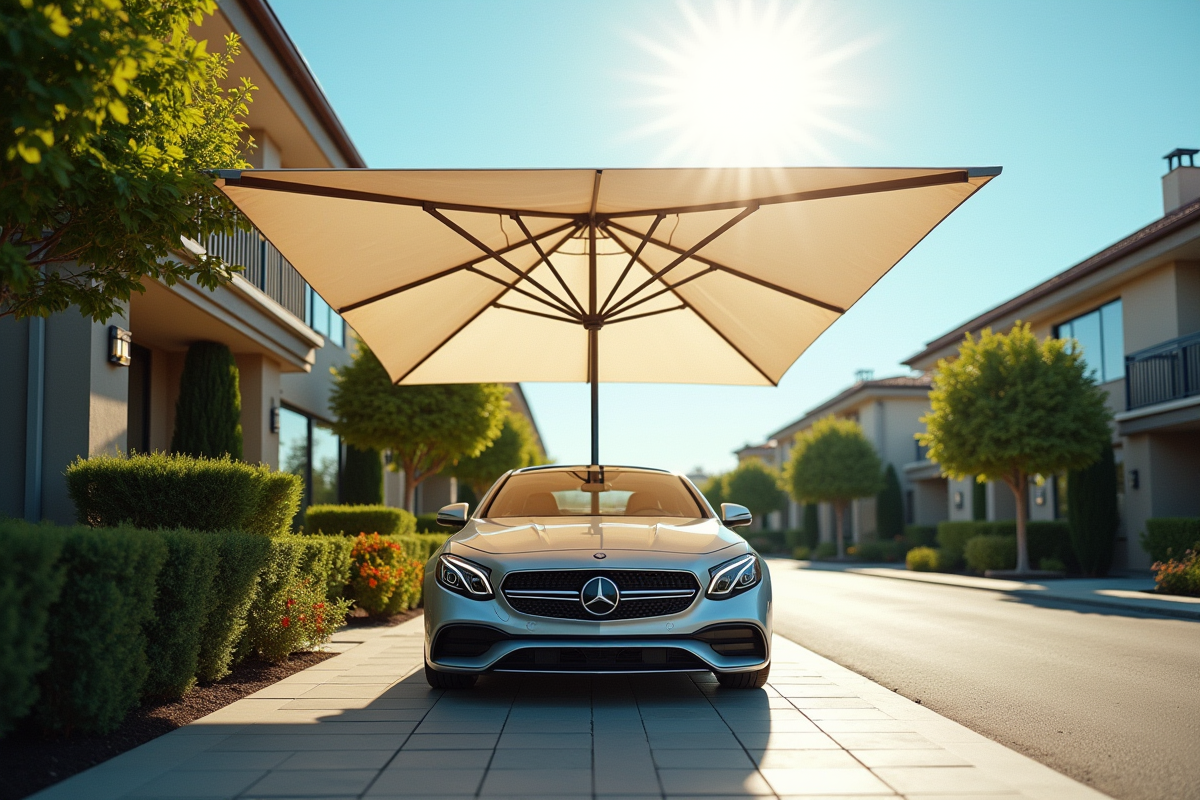 Voiture sous un parasol dans un quartier résidentiel ensoleillé